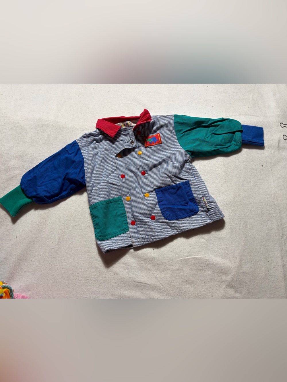 Vintage Gymboree White striped jacket with Red Trim and Multicolor Logo